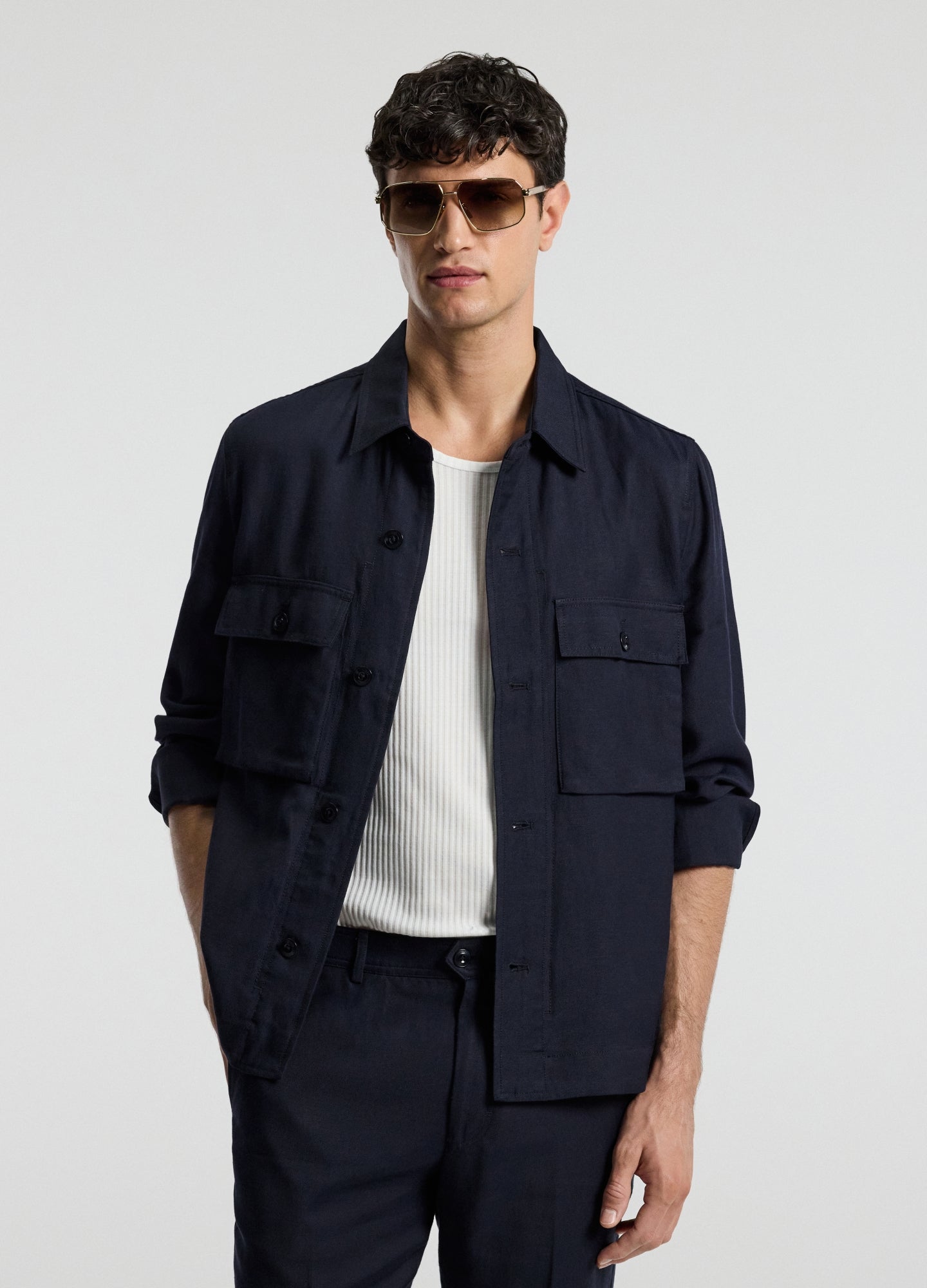 Linen Blend Shirt Jacket Navy
