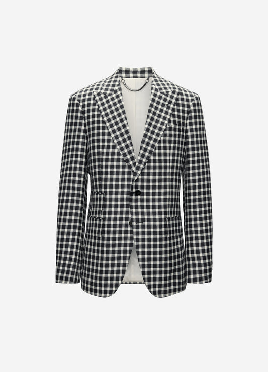 Wool Silk Linen Check Blazer Black
