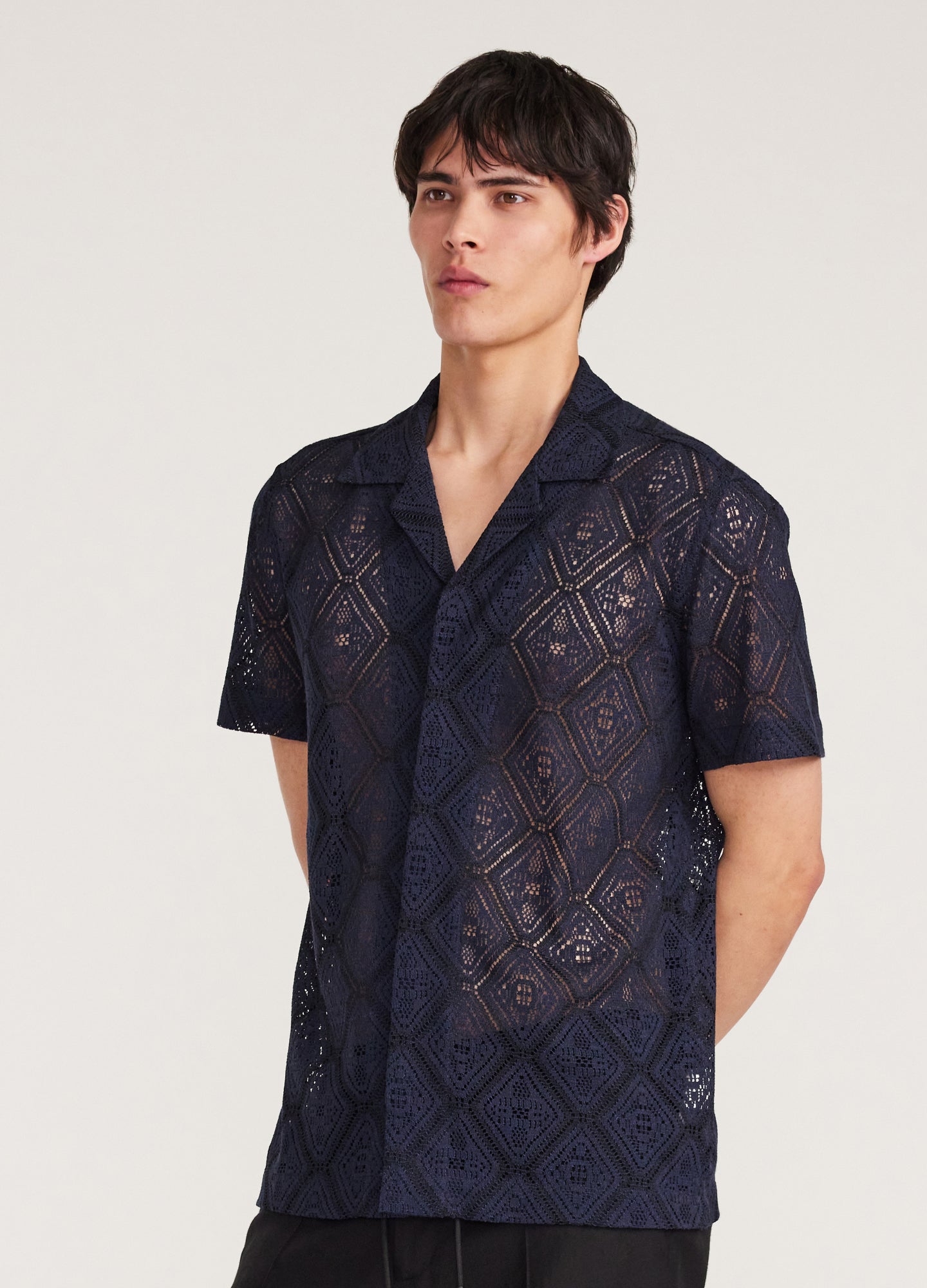 Duo Tone Lace Short Sleeve Shirt Navy
