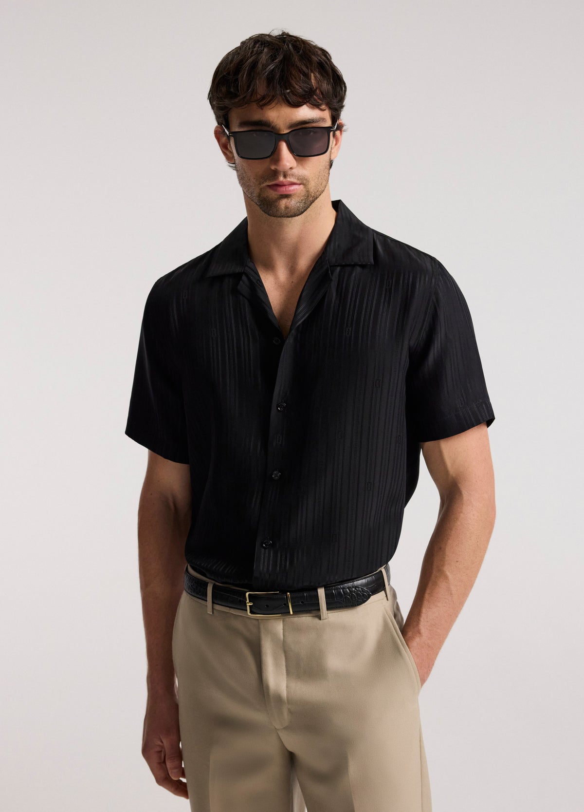 Camp Collar Jacquard Monogram Shirt Black