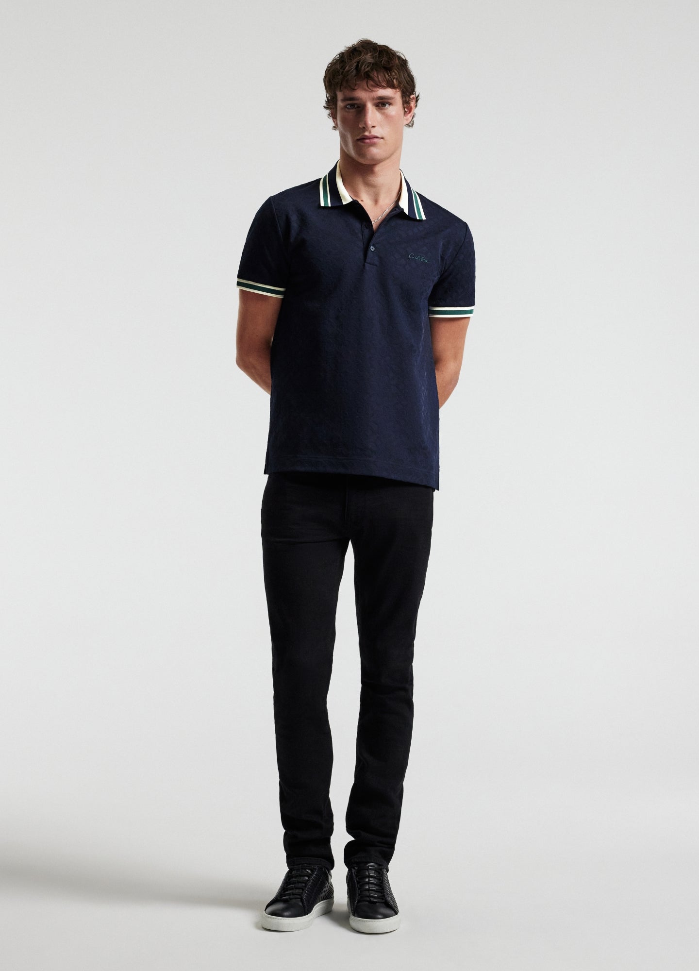 Striped Trim Monogram Polo Navy