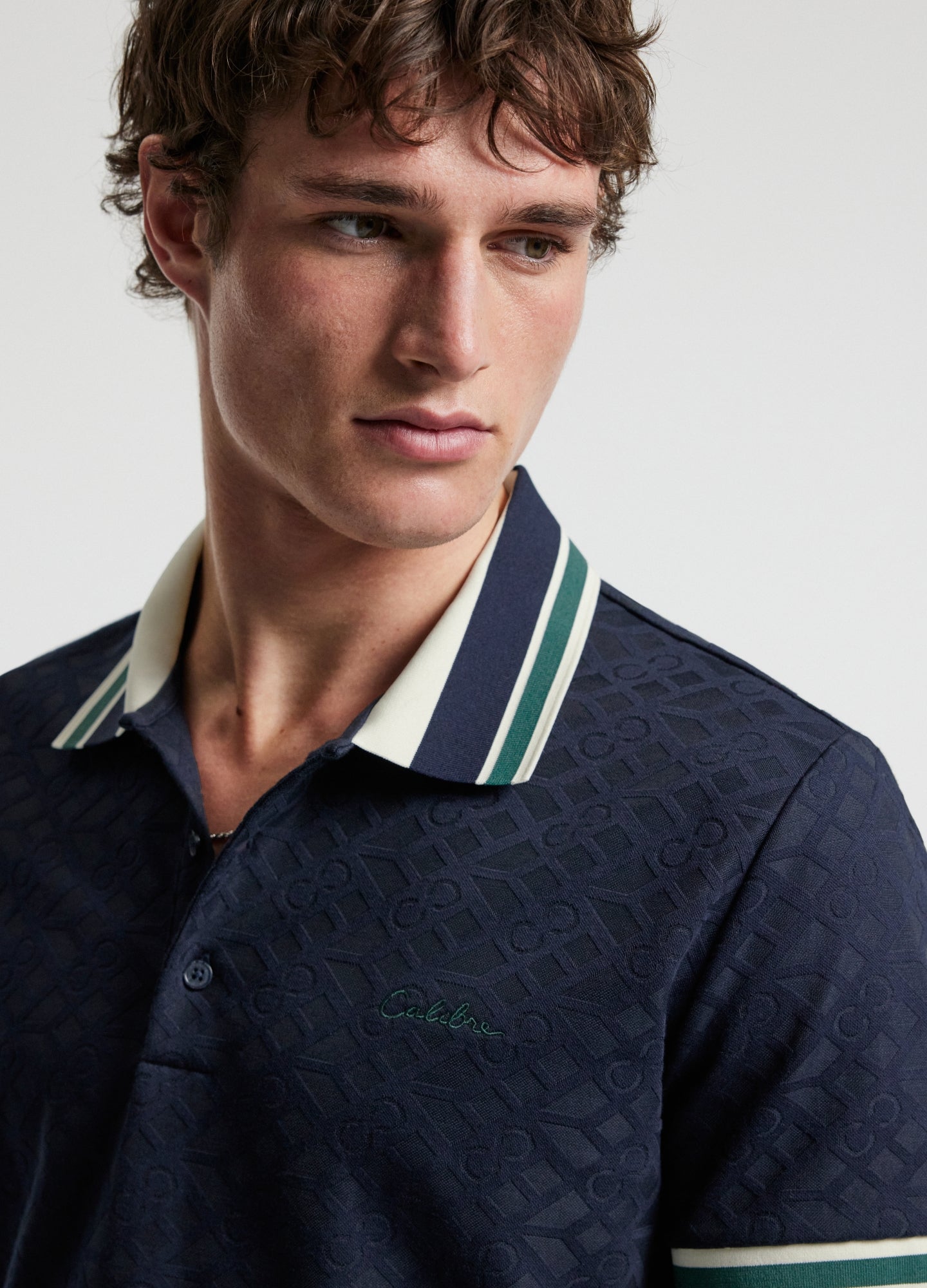 Striped Trim Monogram Polo Navy