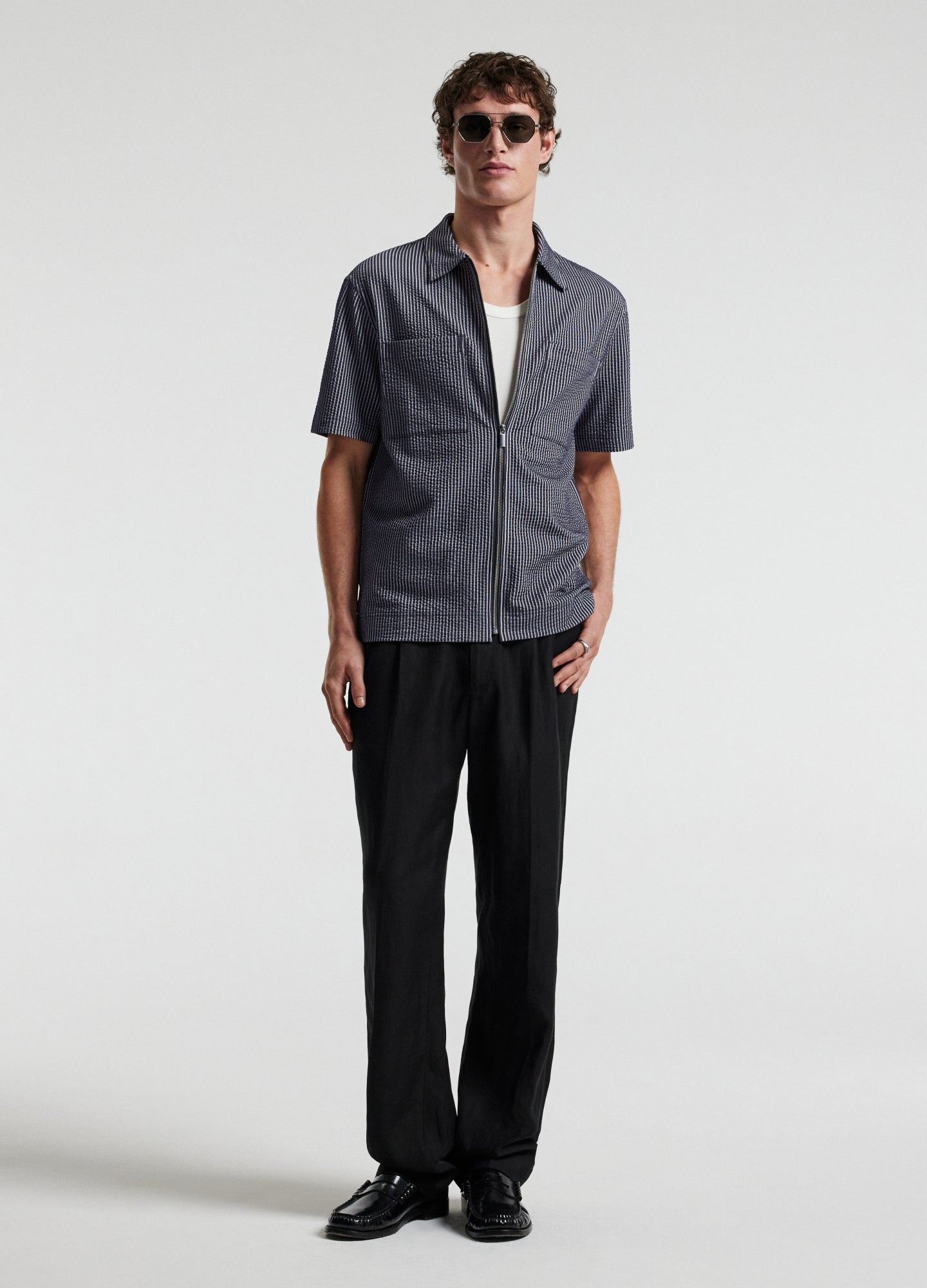 Stripe Zip Through Shirt Navy