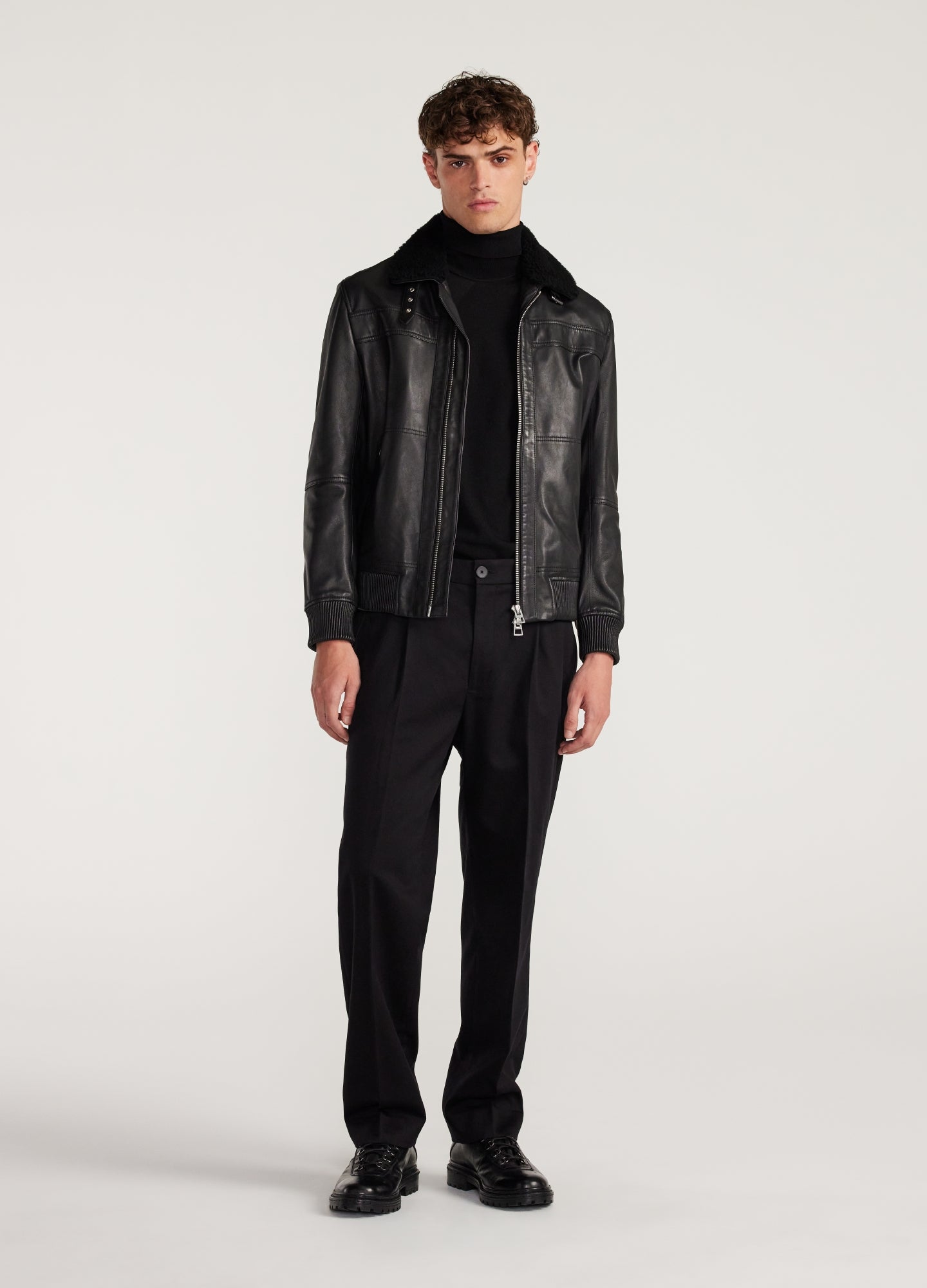 Shearling Trim Leather Jacket Black