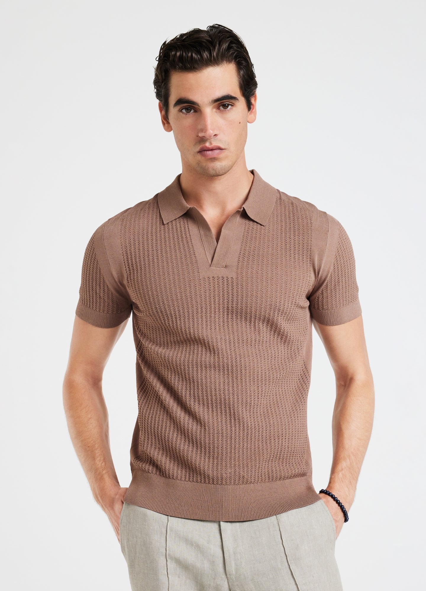 Zig Zag Lace Tech Knit Polo Mocha