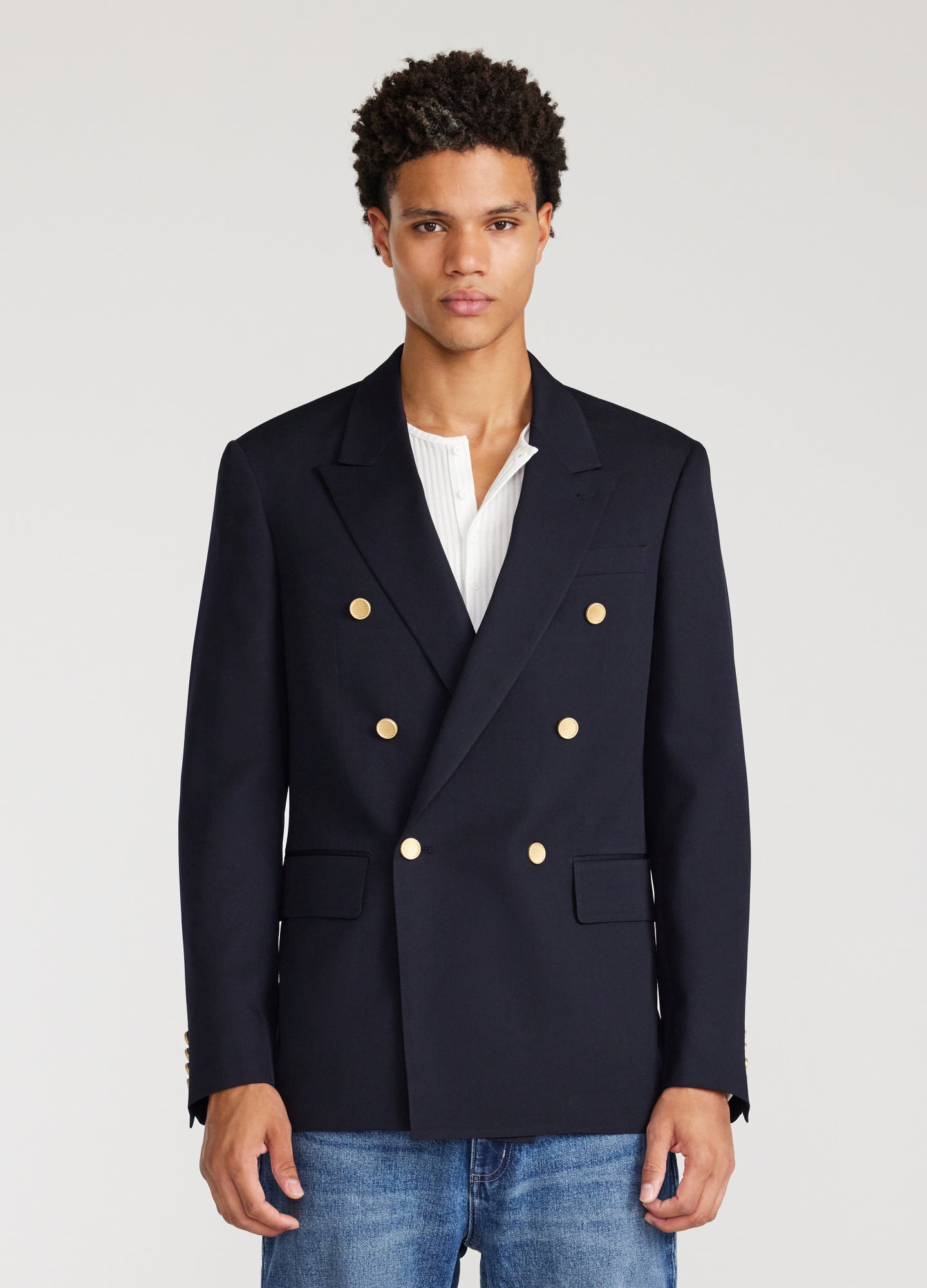 Wool Double Breasted Blazer Navy Dark