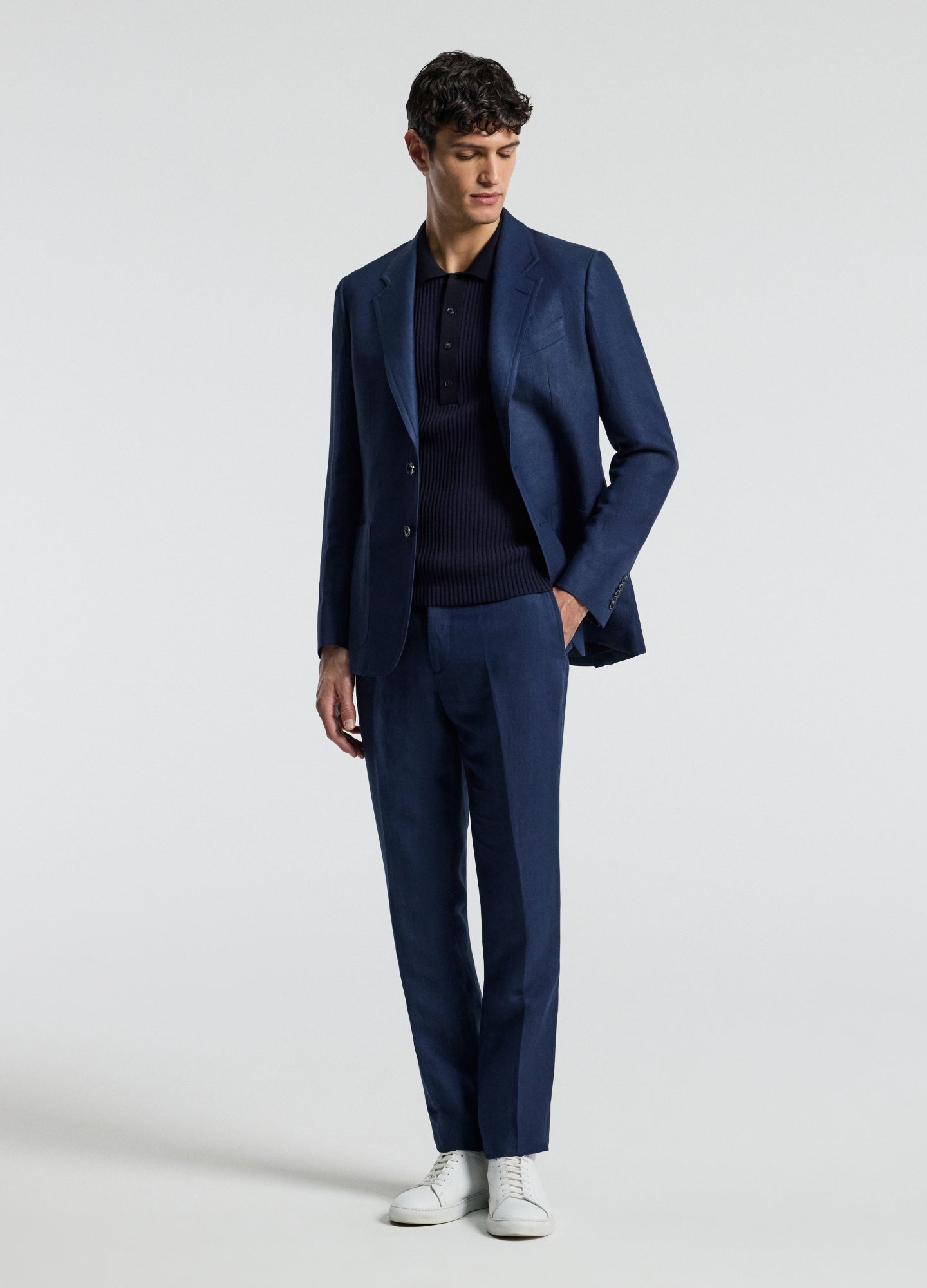 Textured Linen Blend Blazer Denim Blue