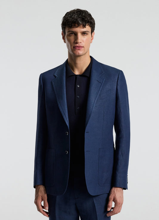 Textured Linen Blend Blazer Denim Blue