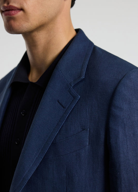 Textured Linen Blend Blazer Denim Blue