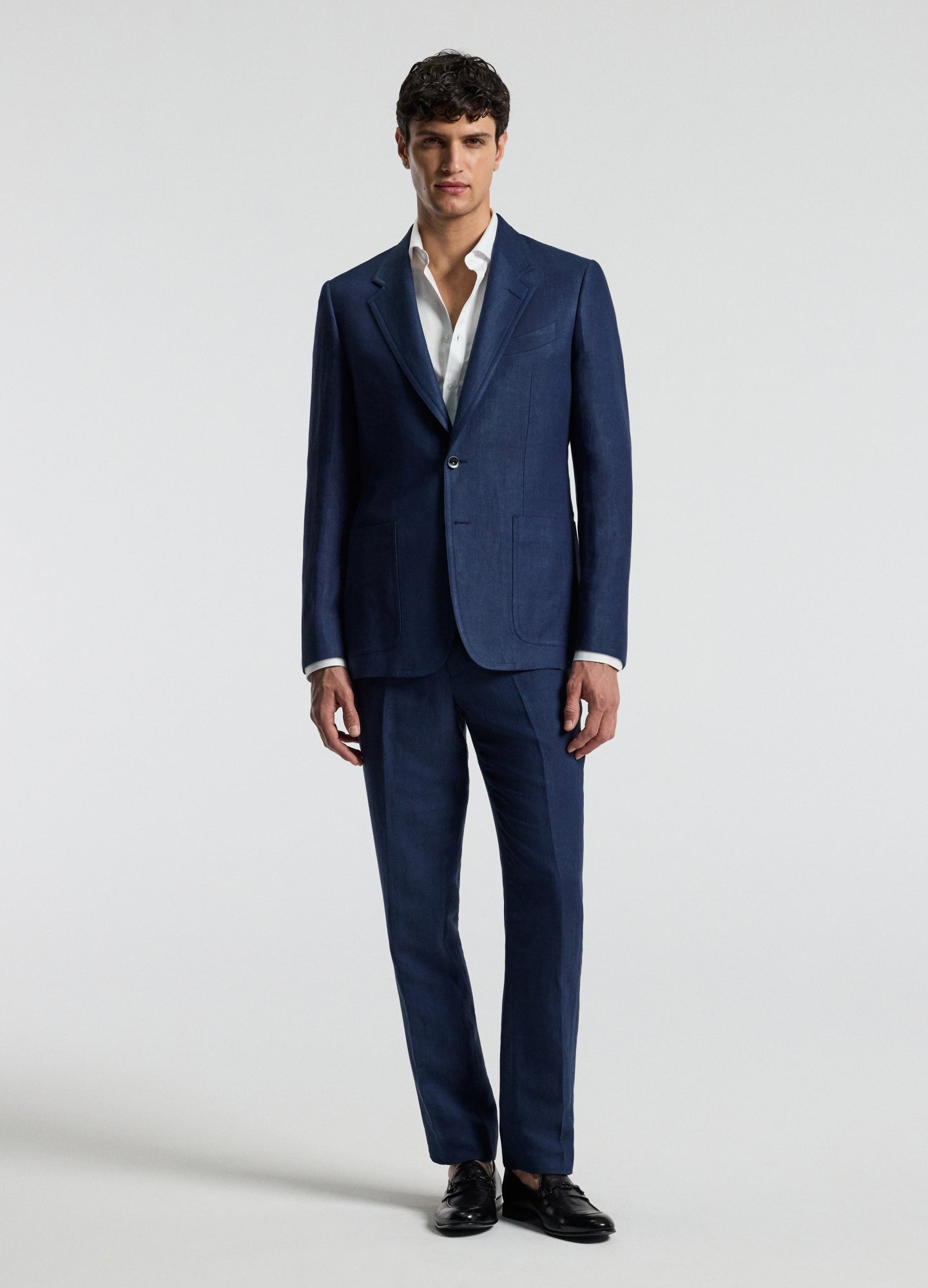 Textured Linen Blend Blazer Denim Blue