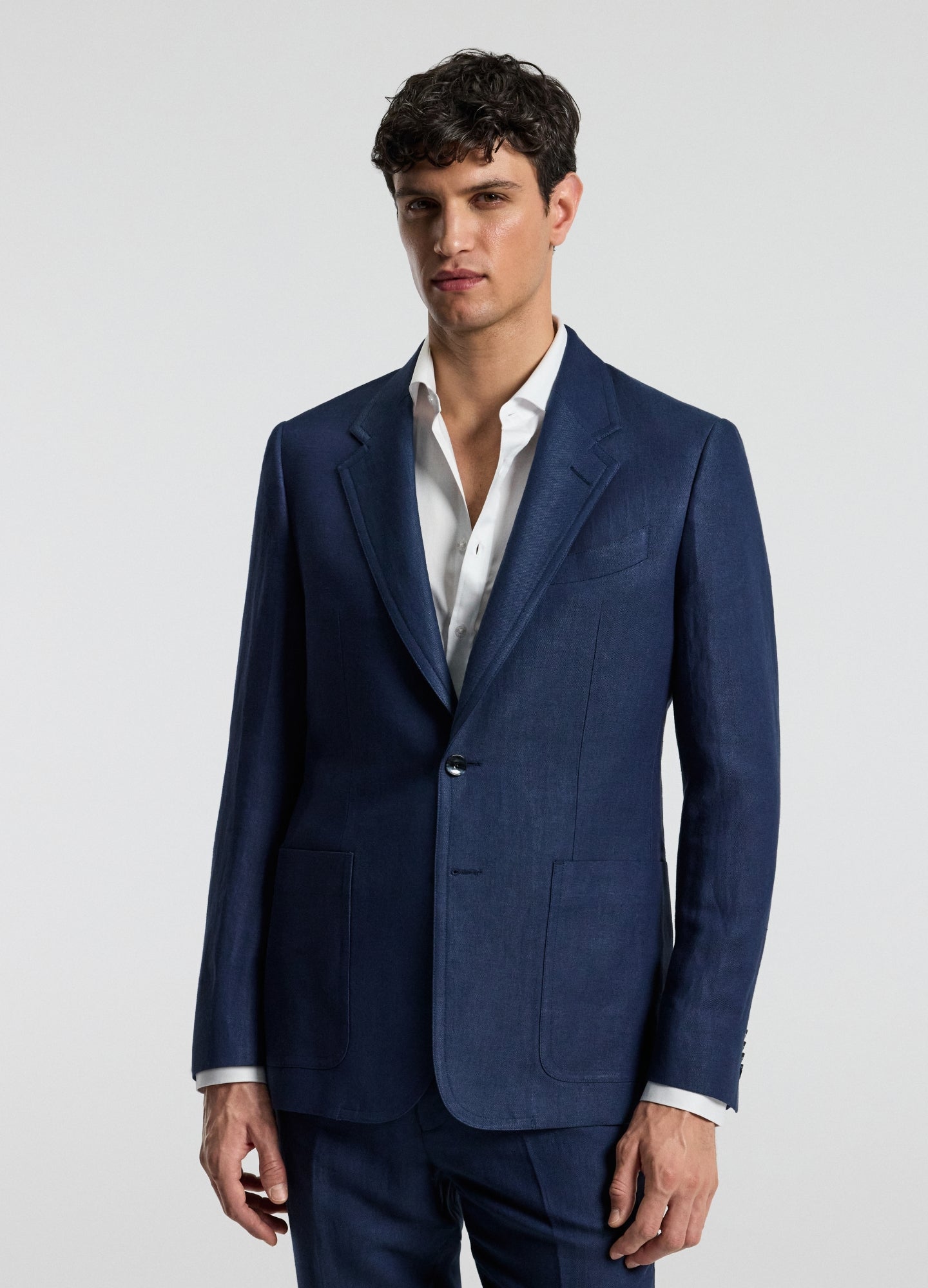 Textured Linen Blend Blazer Denim Blue