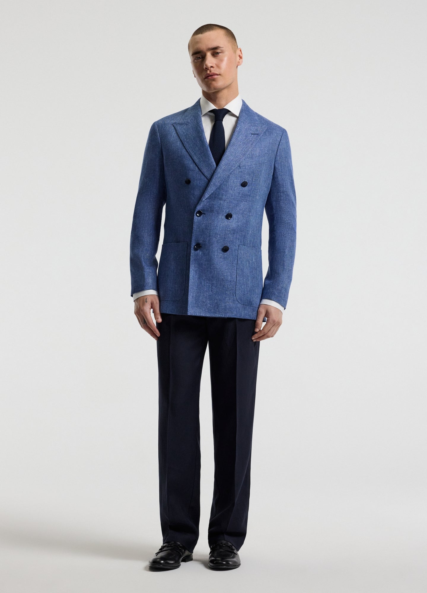 Linen Lyocell Twill Double-Breasted Blazer Blue