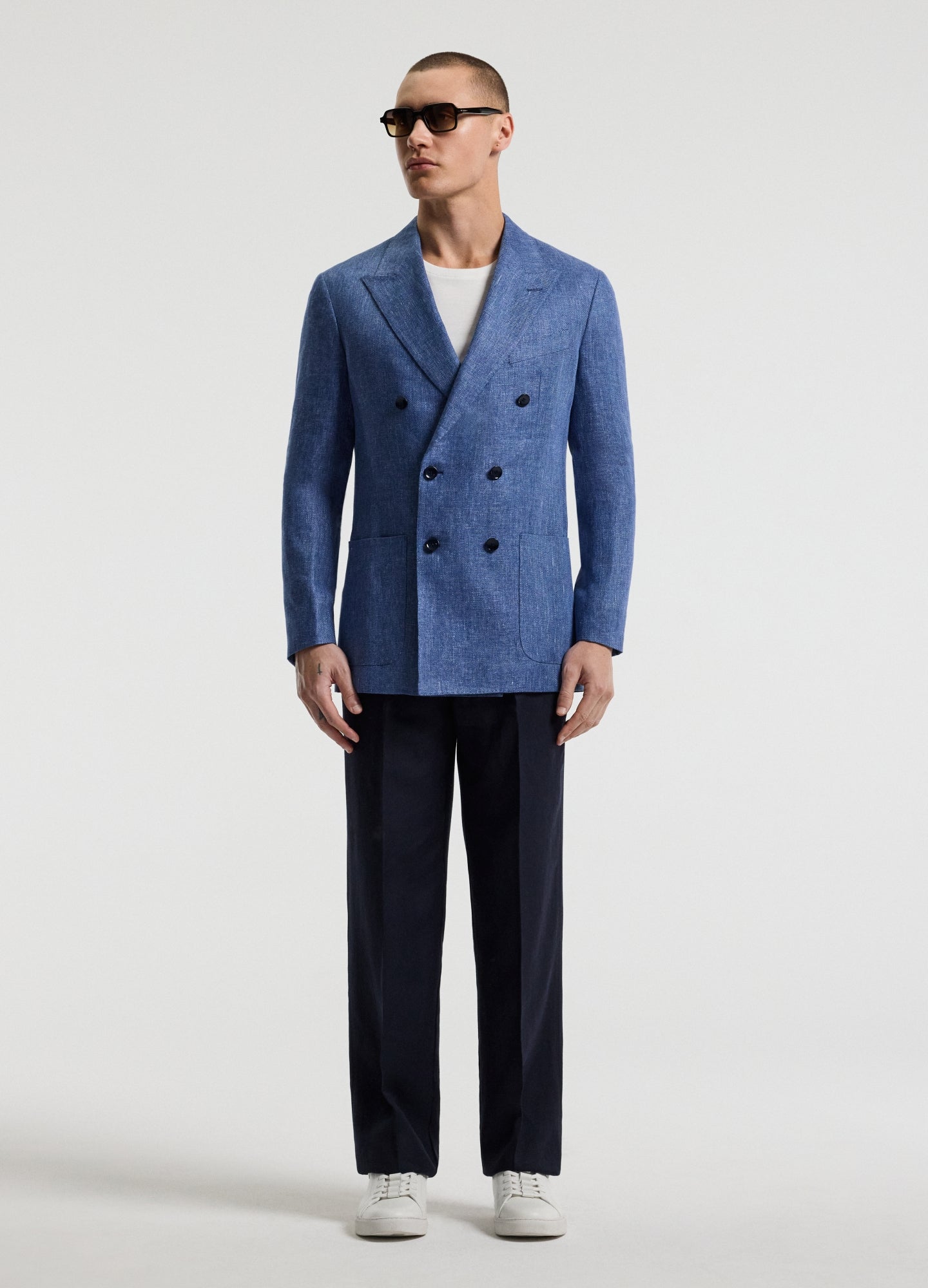 Linen Lyocell Twill Double-Breasted Blazer Blue