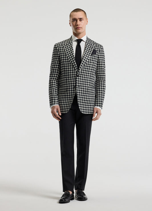 Wool Silk Linen Check Blazer Black