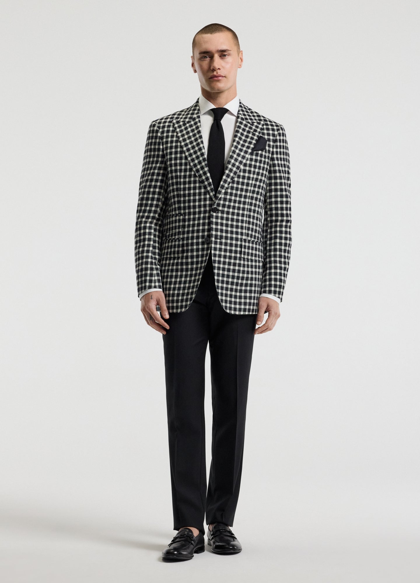 Wool Silk Linen Check Blazer Black