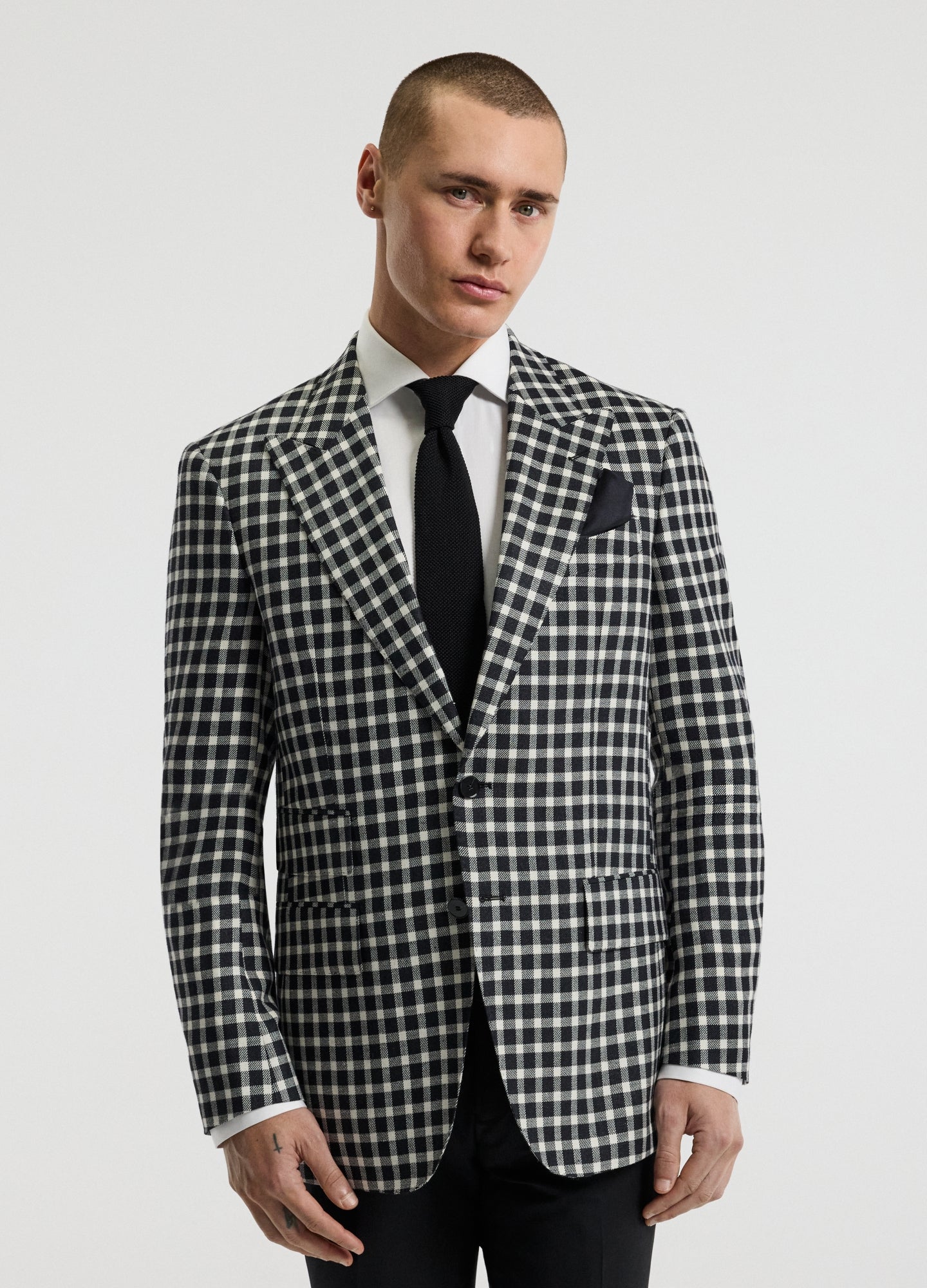 Wool Silk Linen Check Blazer Black