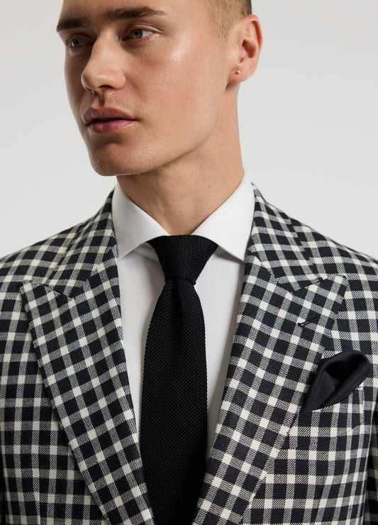 Wool Silk Linen Check Blazer Black