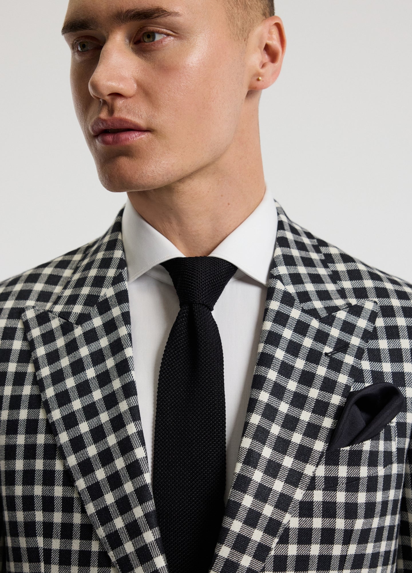 Wool Silk Linen Check Blazer Black