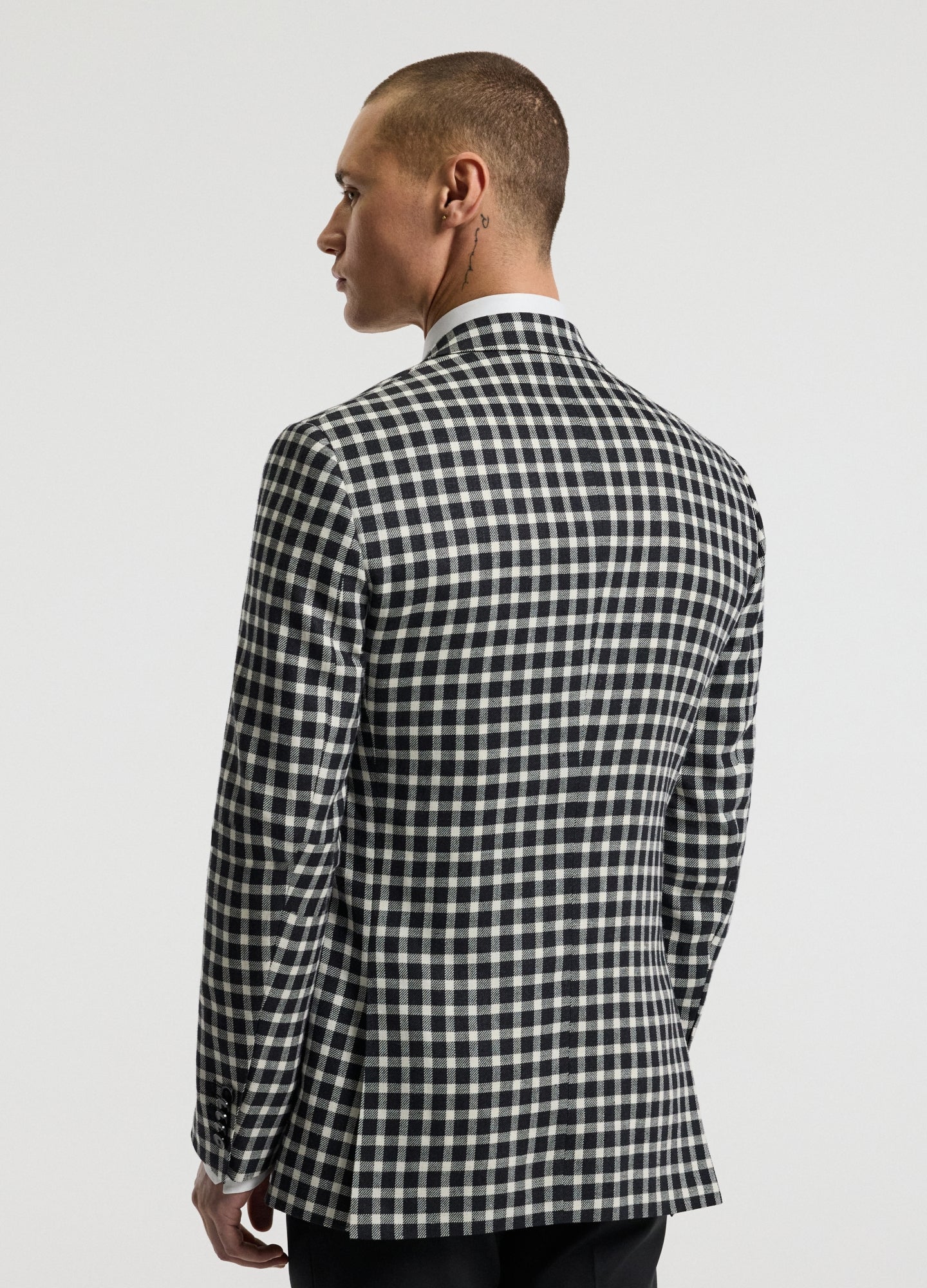 Wool Silk Linen Check Blazer Black