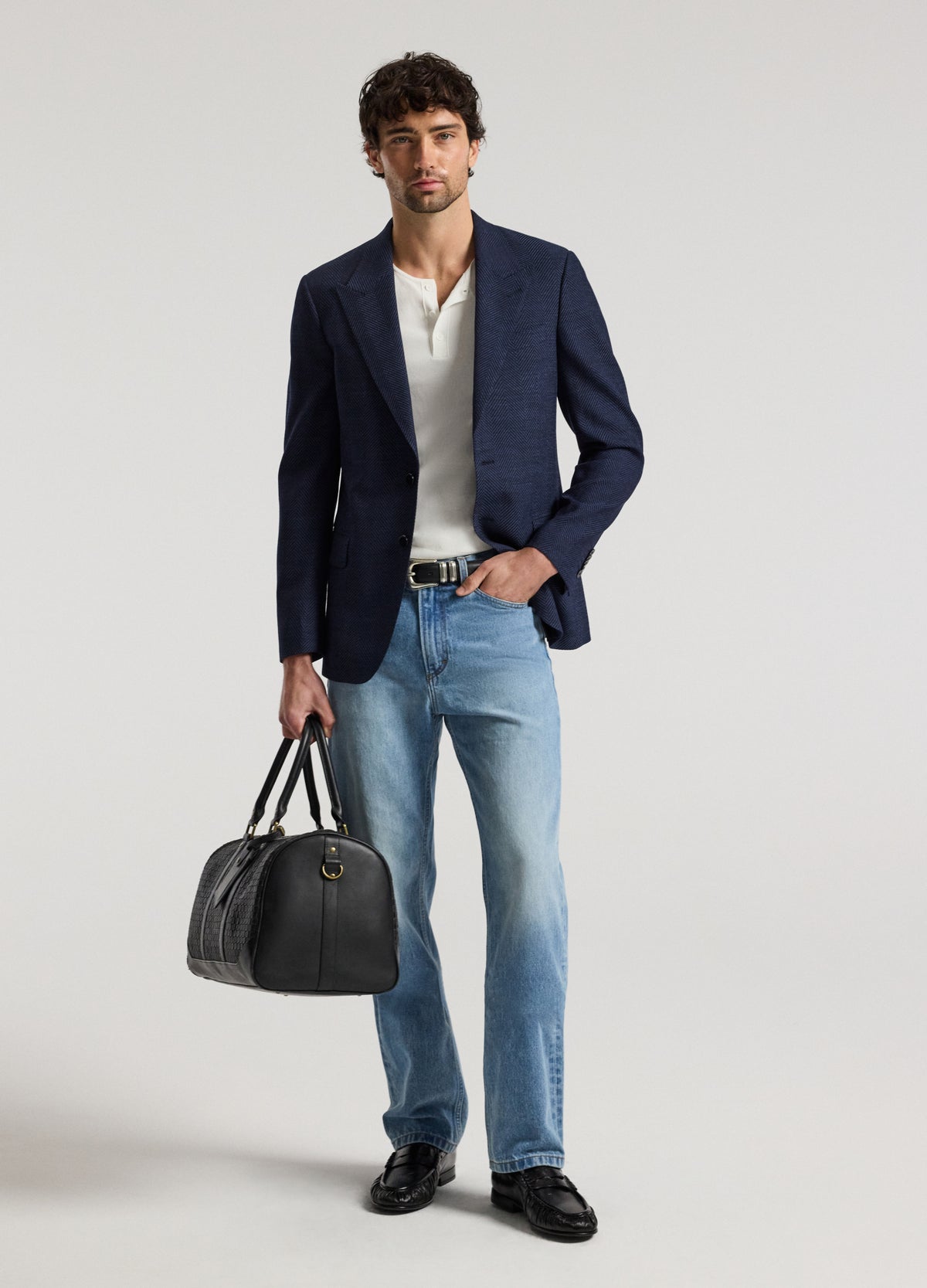 Tailored Wool Herringbone Blazer Denim Blue