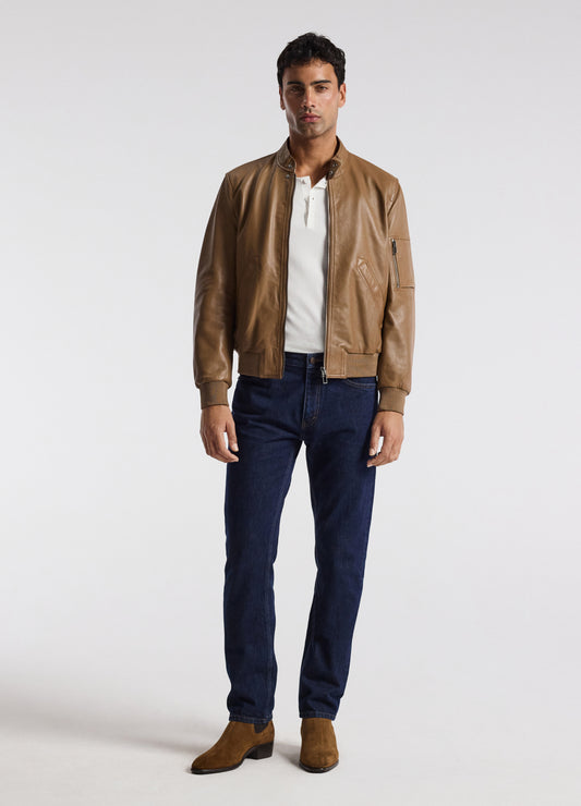 Stand Collar Leather Bomber Jacket Camel