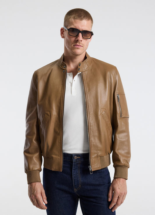 Stand Collar Leather Bomber Jacket Camel