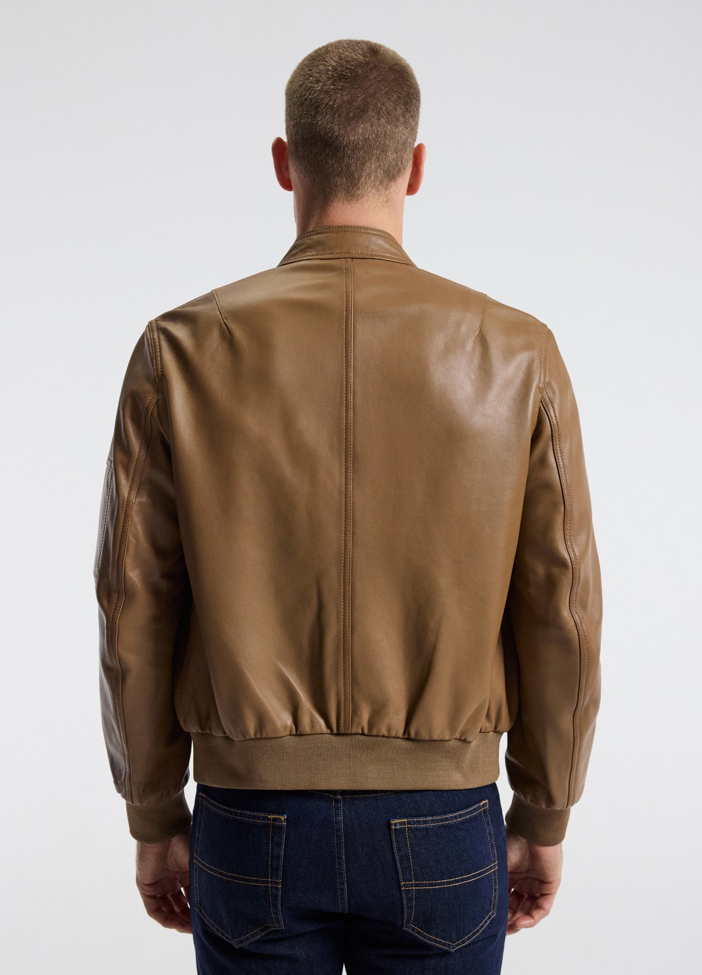 Stand Collar Leather Bomber Jacket Camel
