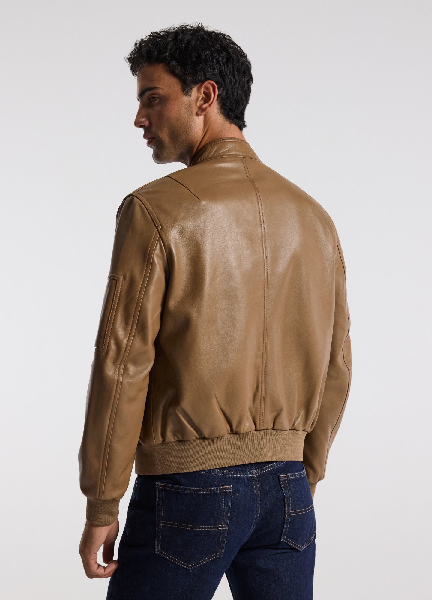 Stand Collar Leather Bomber Jacket Camel
