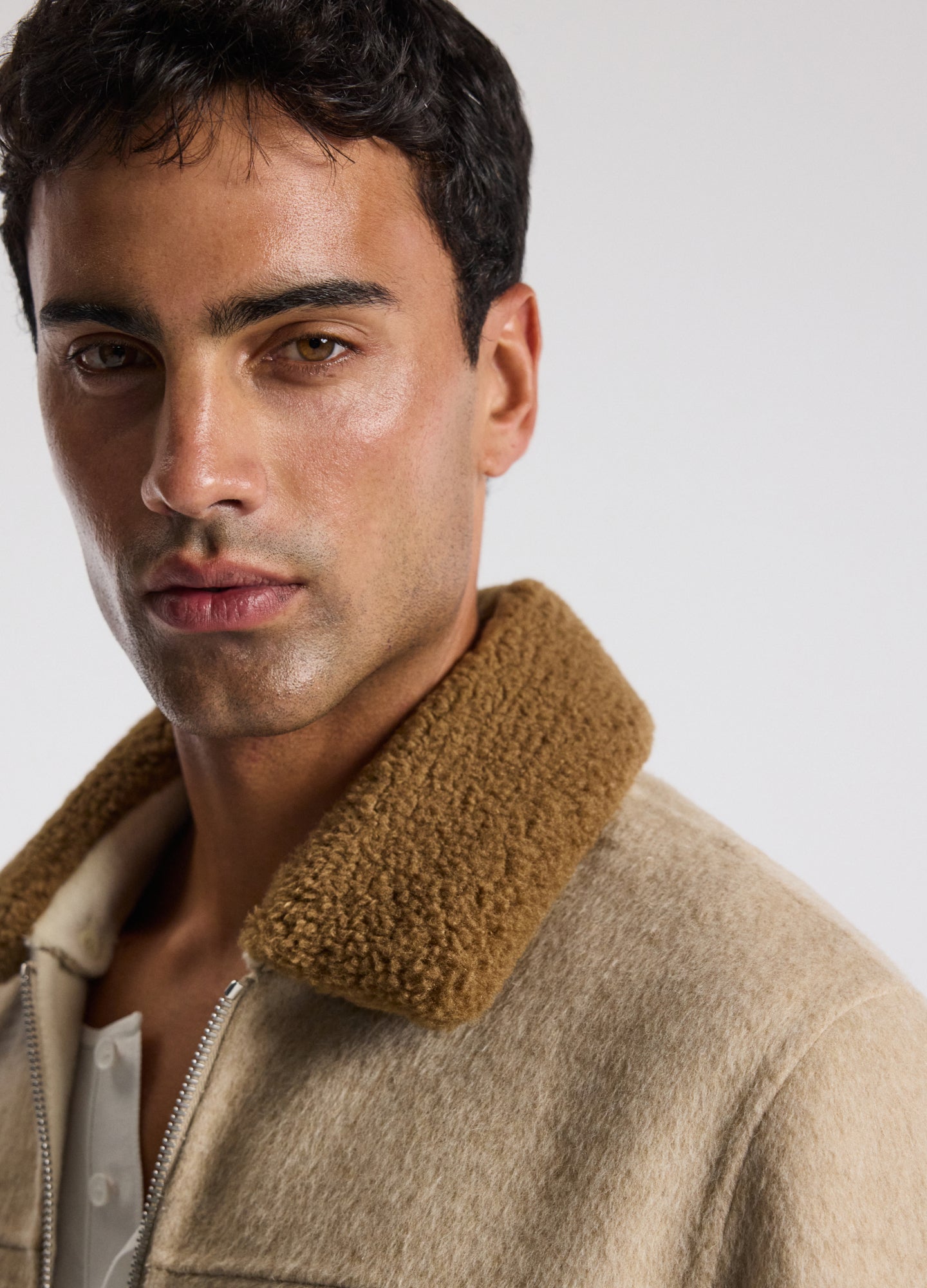 Sherpa Collar Wool Bomber Jacket Neutral