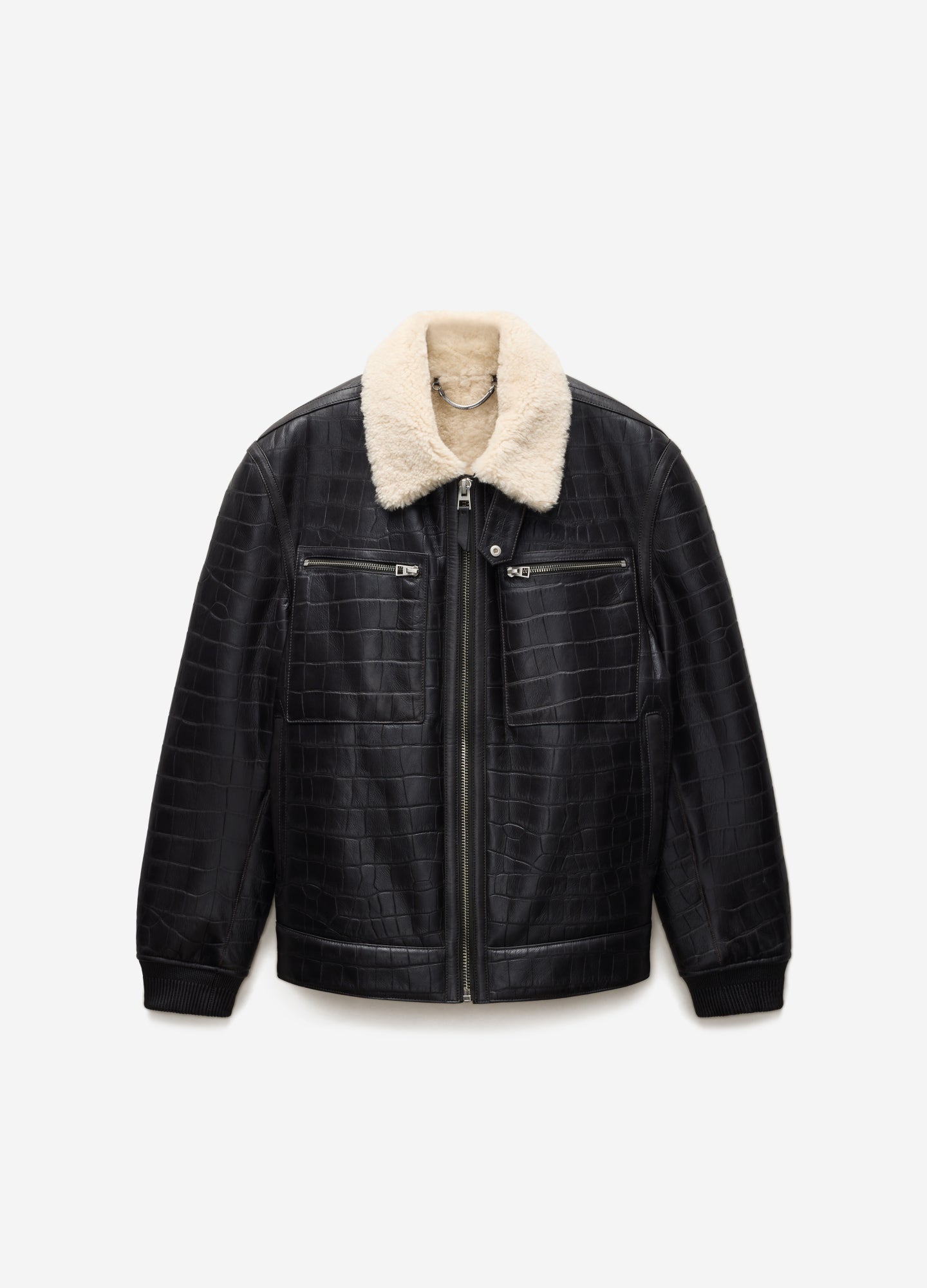 Croc Embossed Leather Shearling Jacket Chocolate