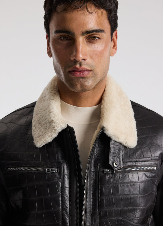 Croc Embossed Leather Shearling Jacket Chocolate