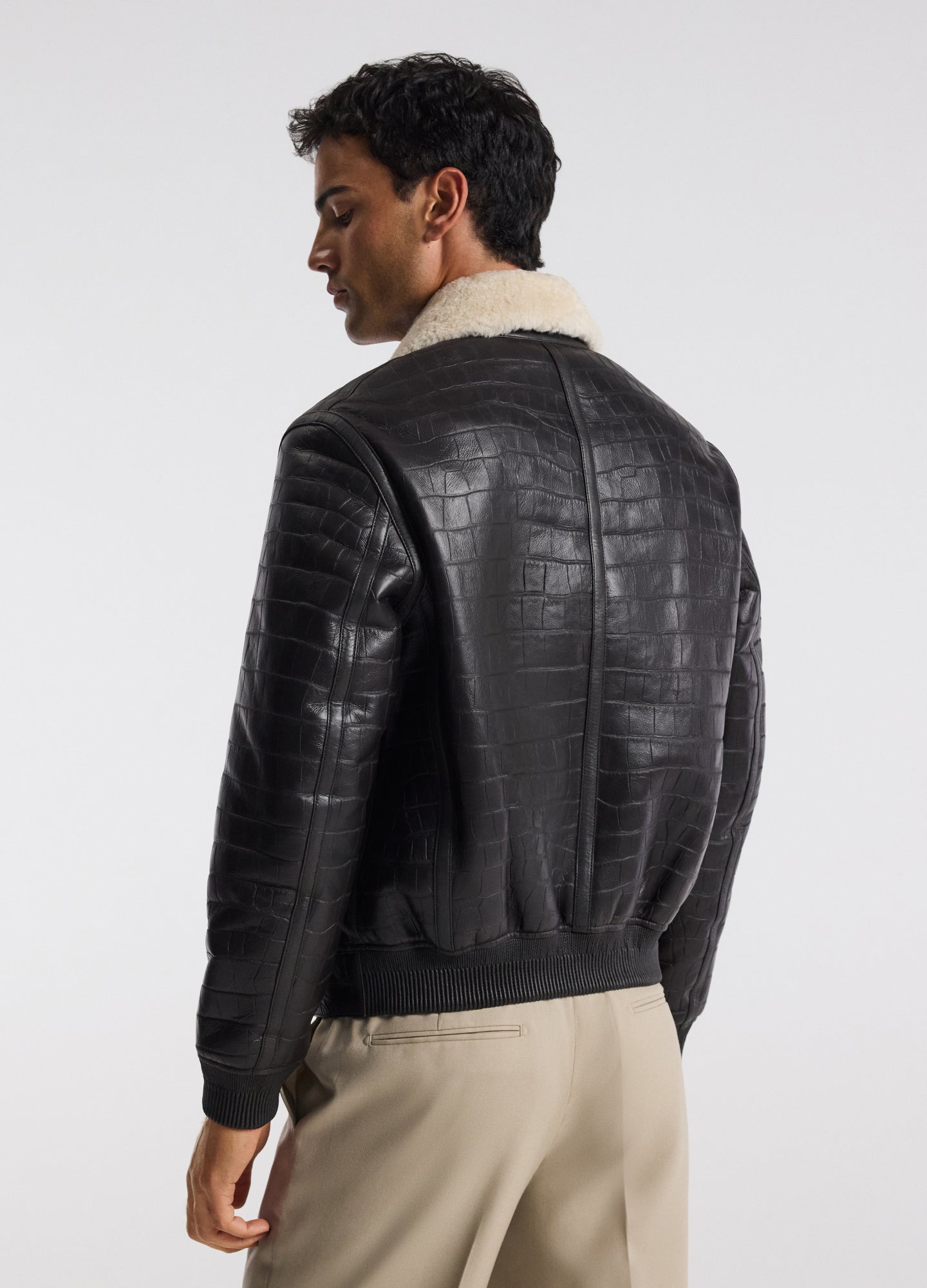 Croc Embossed Leather Shearling Jacket Chocolate