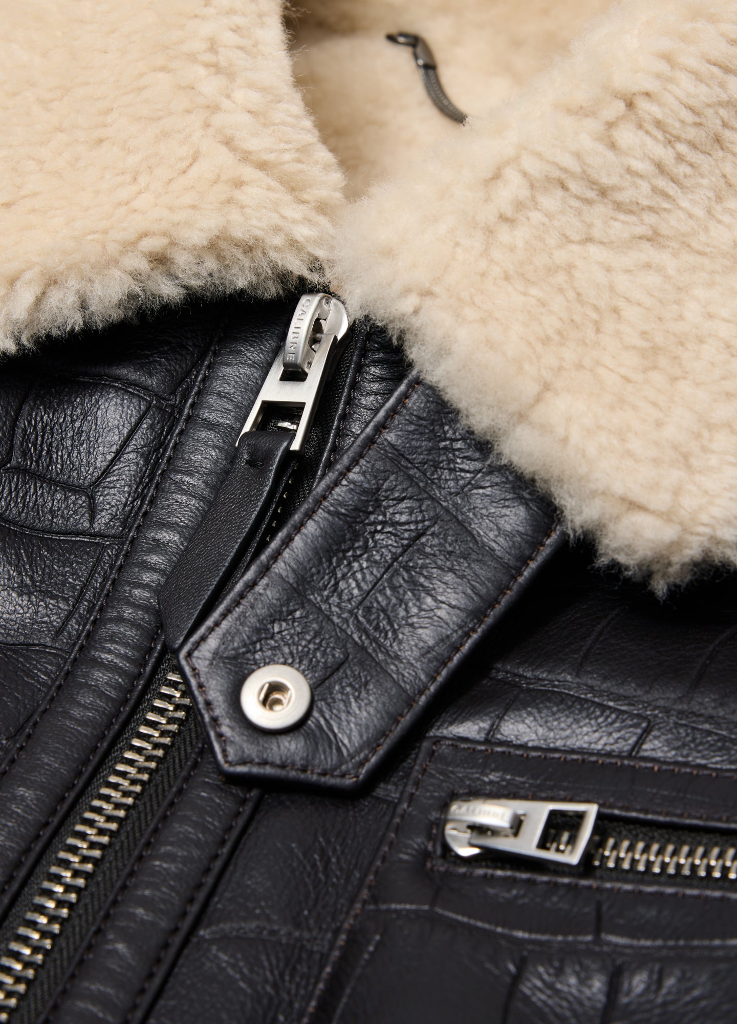 Croc Embossed Leather Shearling Jacket Chocolate