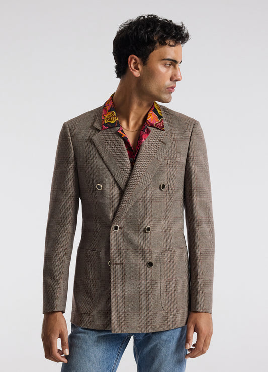 Double-Breasted Glen Check Wool Blazer Mahogany