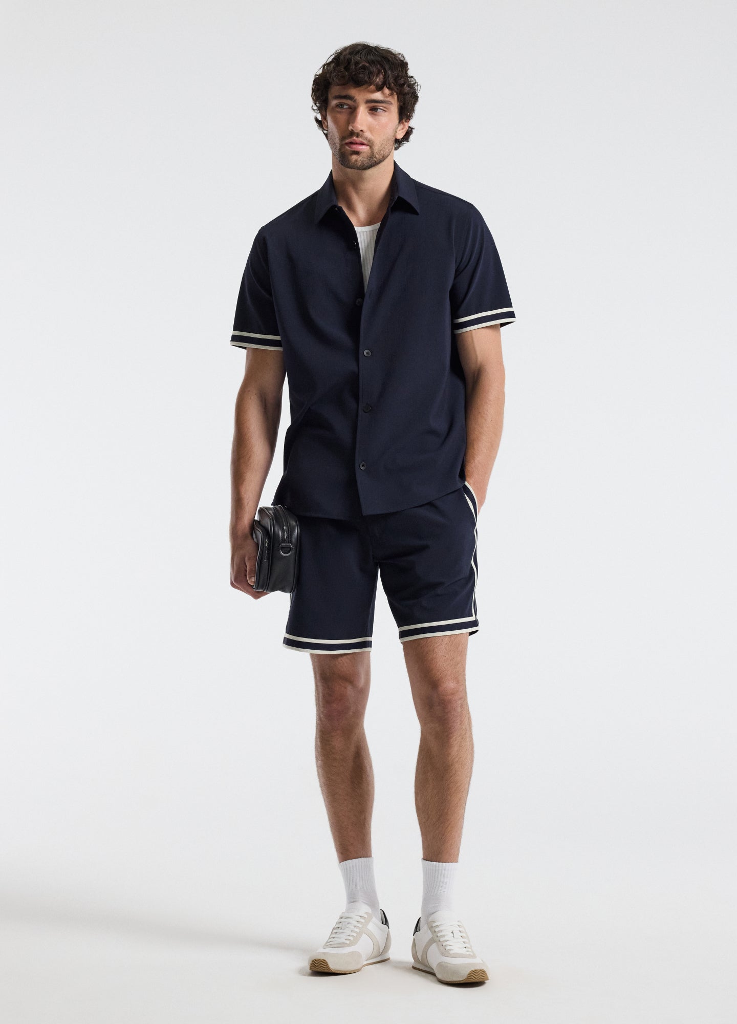 Stripe Trim Textured Shorts Navy