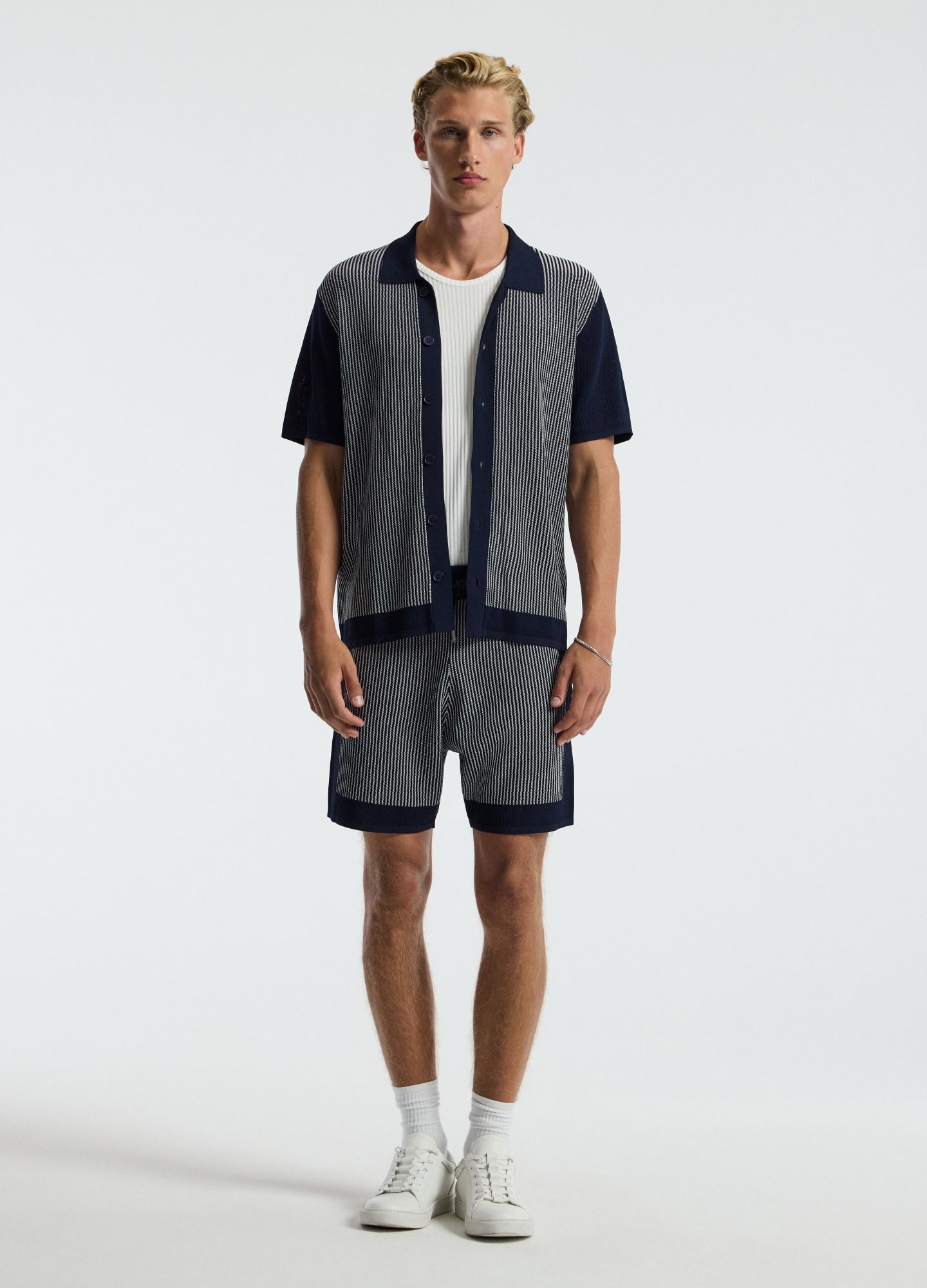 Panelled Stripe Knit Shorts Navy
