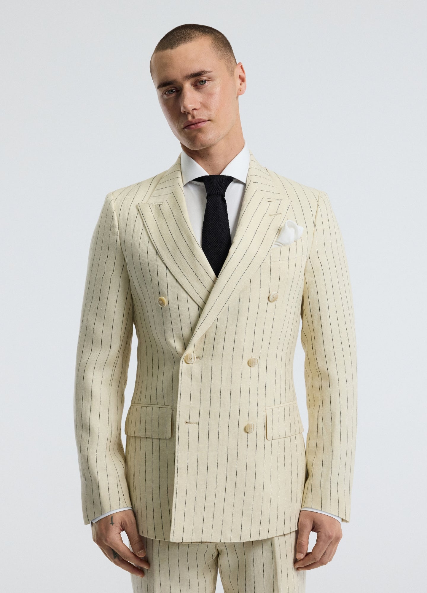 Striped Double-Breasted Suit Jacket Bone