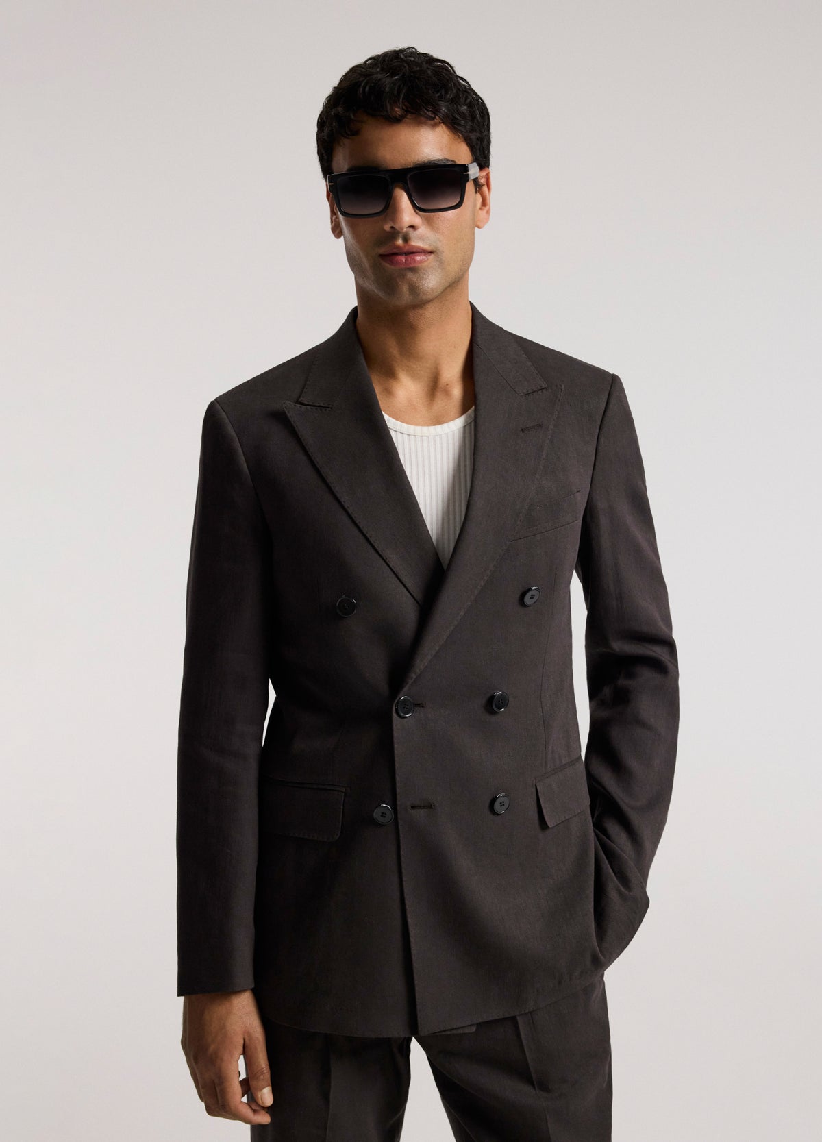Double-Breasted Linen Blend Suit Jacket Chocolate