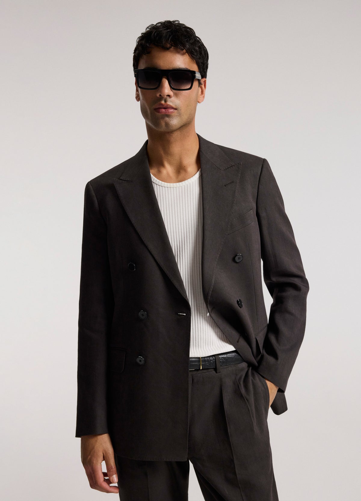 Double-Breasted Linen Blend Suit Jacket Chocolate