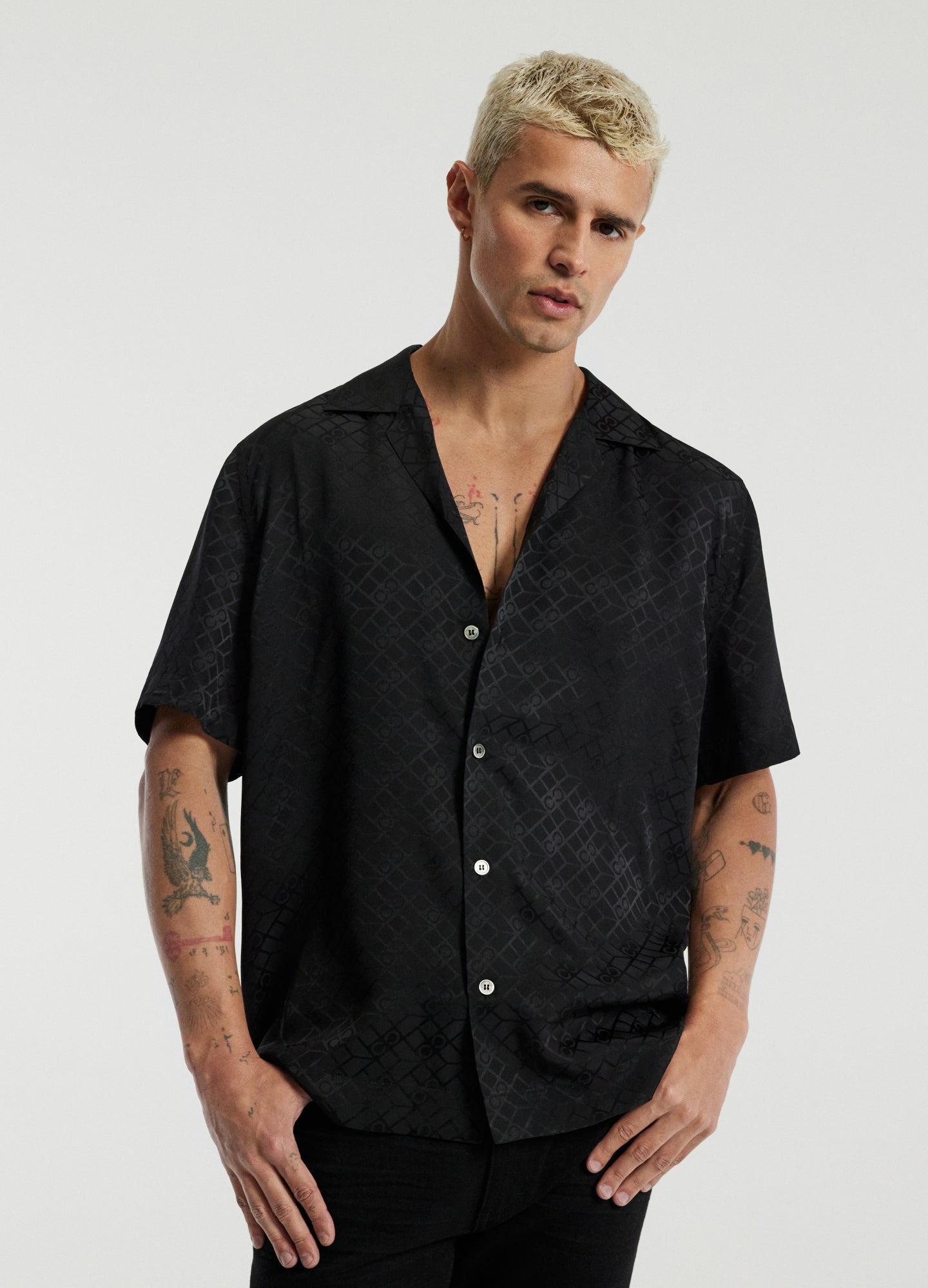 Monogram Silk Short Sleeved Shirt Black