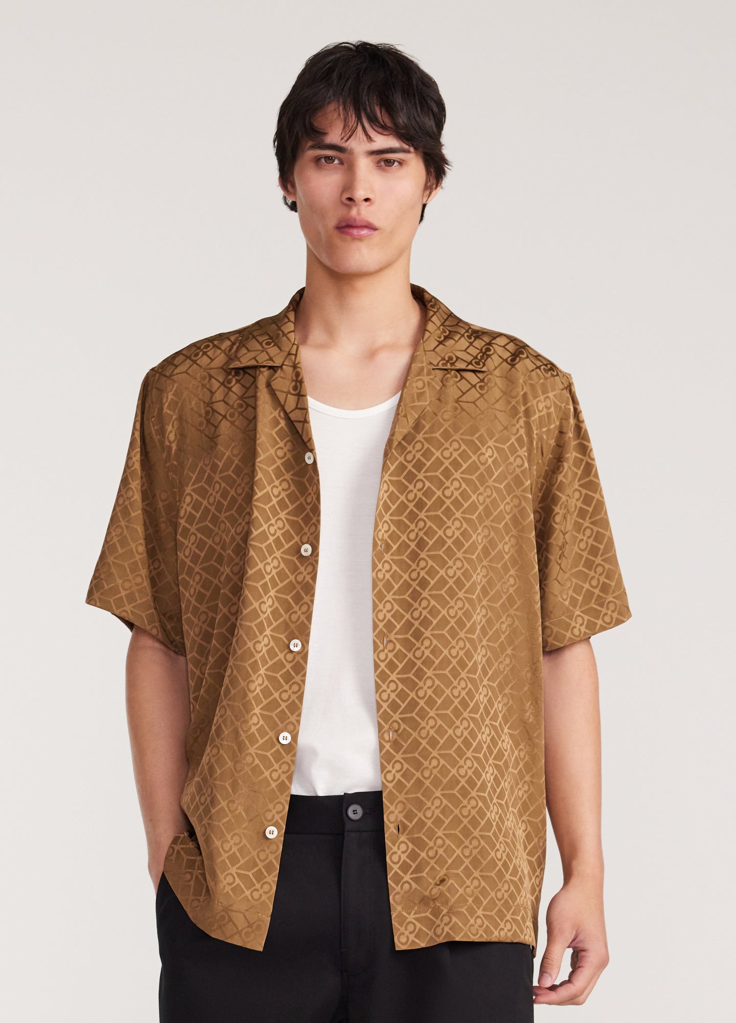 Logo Jacquard Silk Short Sleeve Shirt Toffee