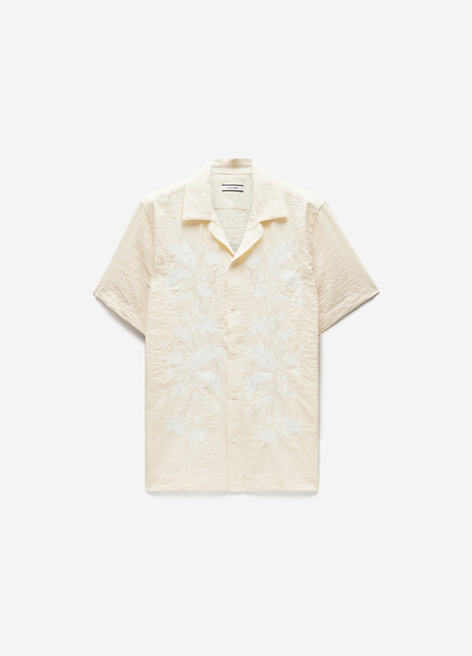 Palm Embroidered Silk Short Sleeve Shirt Off White