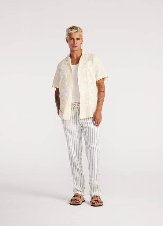 Palm Embroidered Silk Short Sleeve Shirt Off White