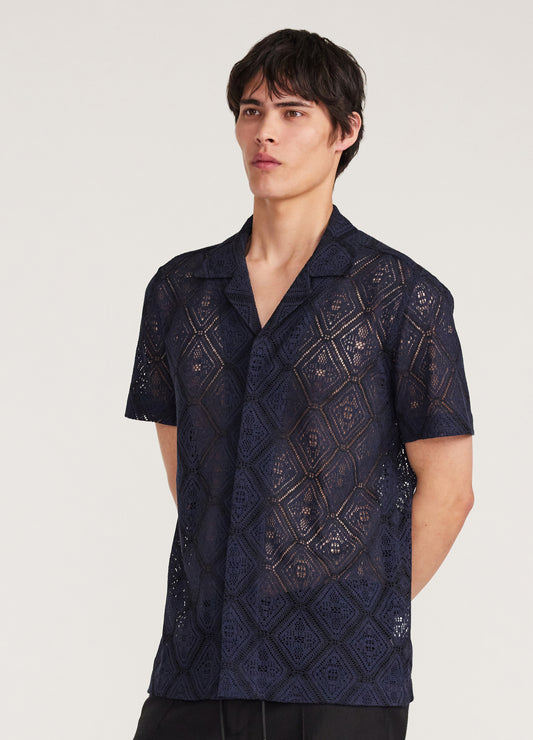 Duo Tone Lace Short Sleeve Shirt Navy