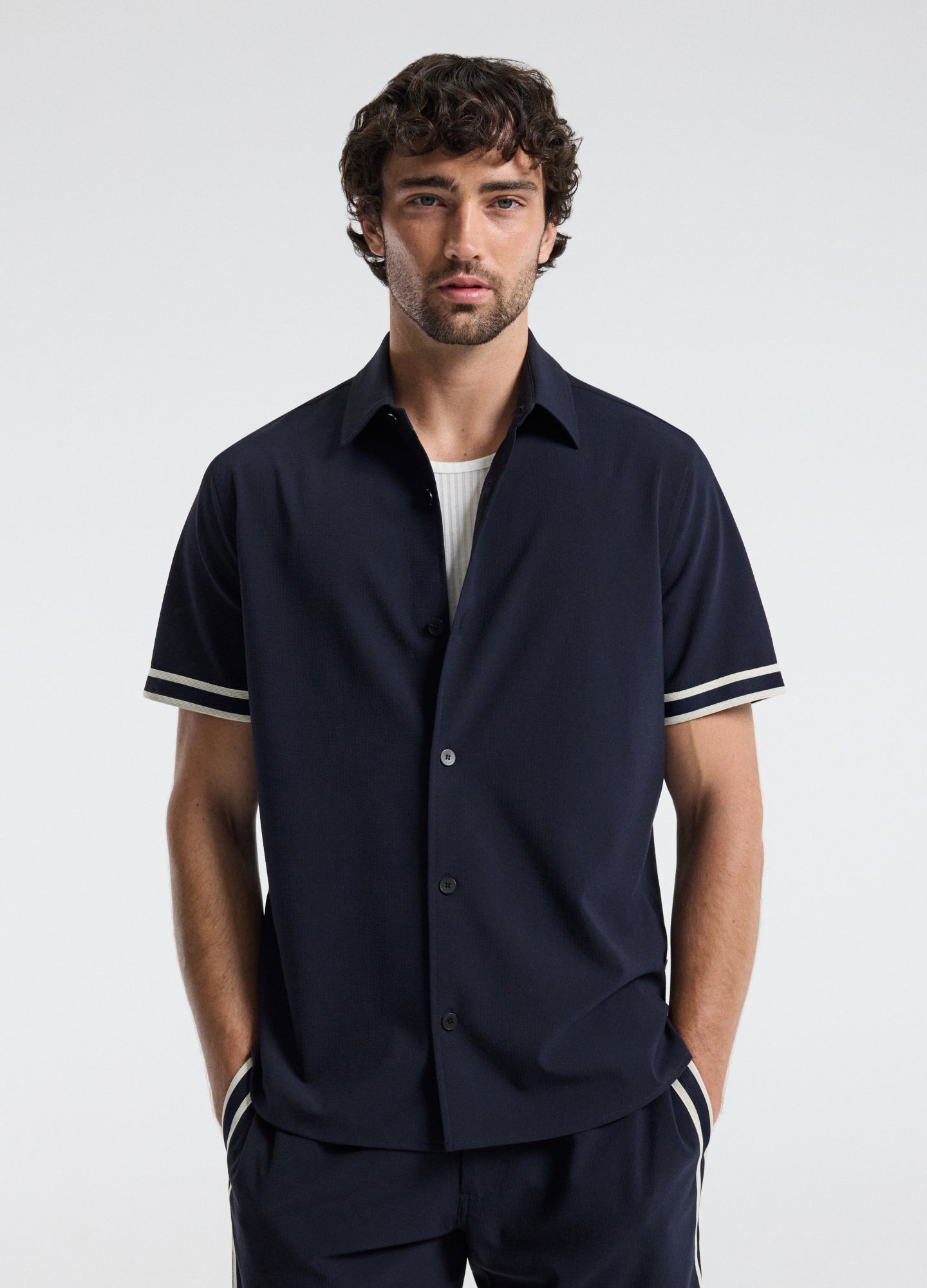 Stripe Trim Textured Overshirt Navy