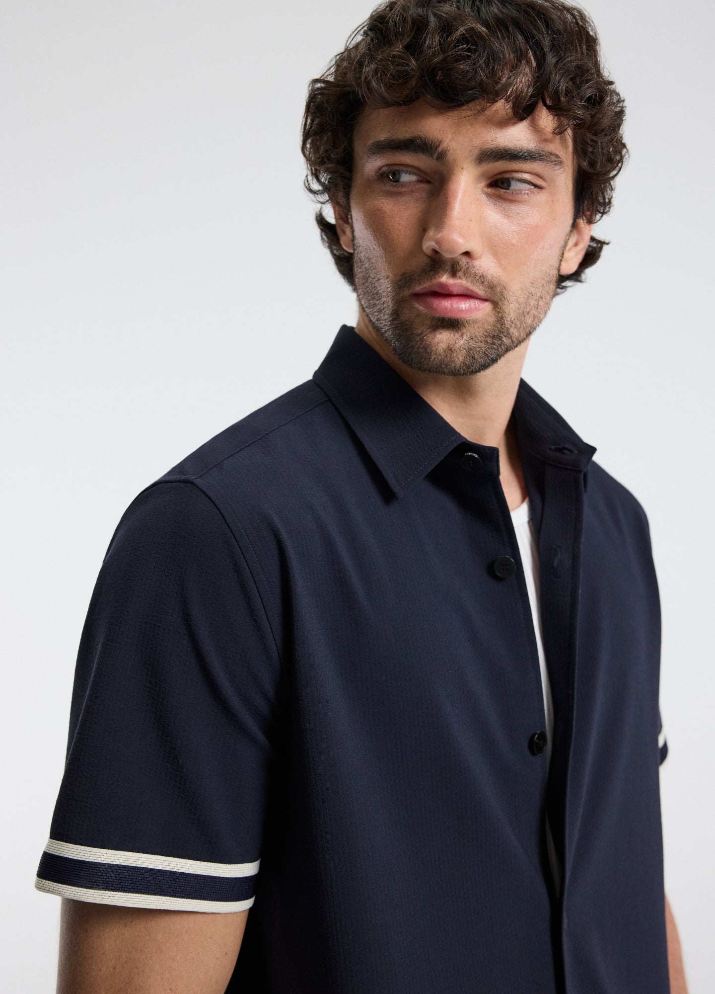 Stripe Trim Textured Overshirt Navy