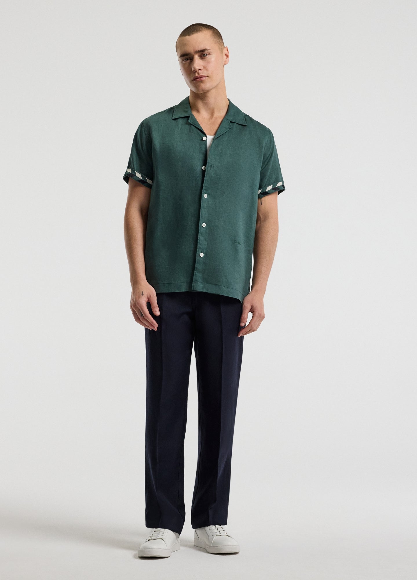 Cuff Detail Short Sleeve Linen Shirt Sea Green