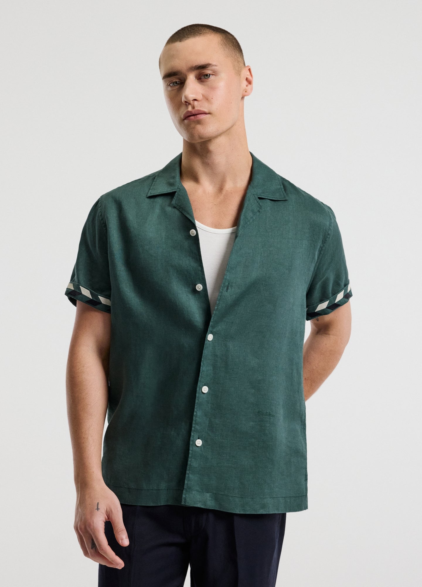 Cuff Detail Short Sleeve Linen Shirt Sea Green
