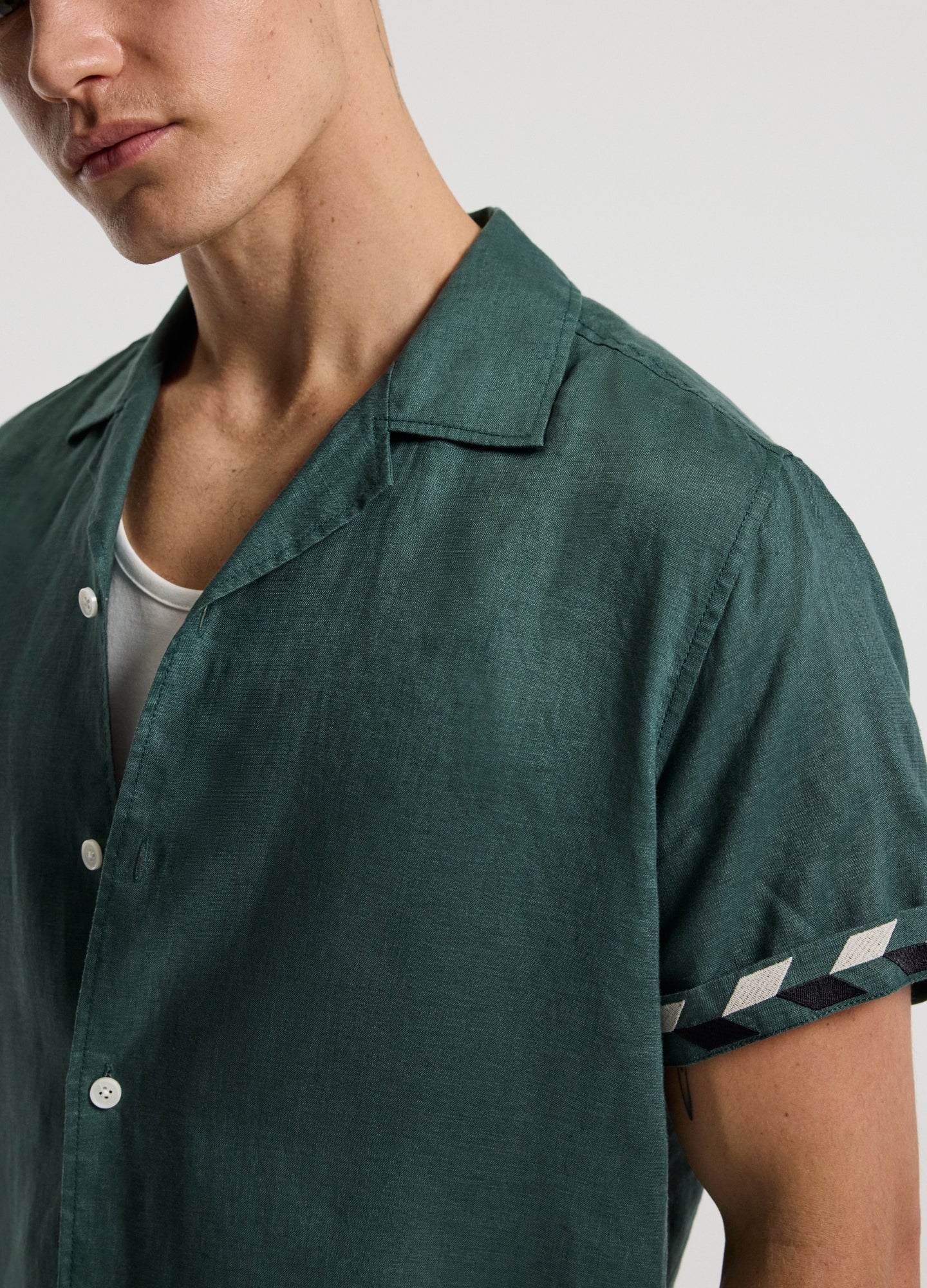 Cuff Detail Short Sleeve Linen Shirt Sea Green