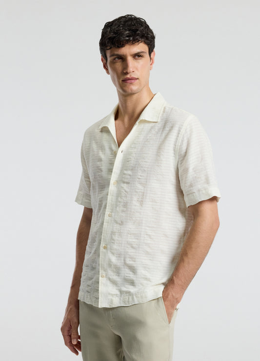 Textured Cotton Linen Short Sleeve Shirt Ivory